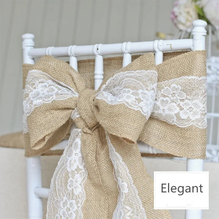 Burlap Lace Chair Sashes Hessian Jute Chair Cover Bows Rustic Linen Lace Chair Bows for Wedding Party Decoration