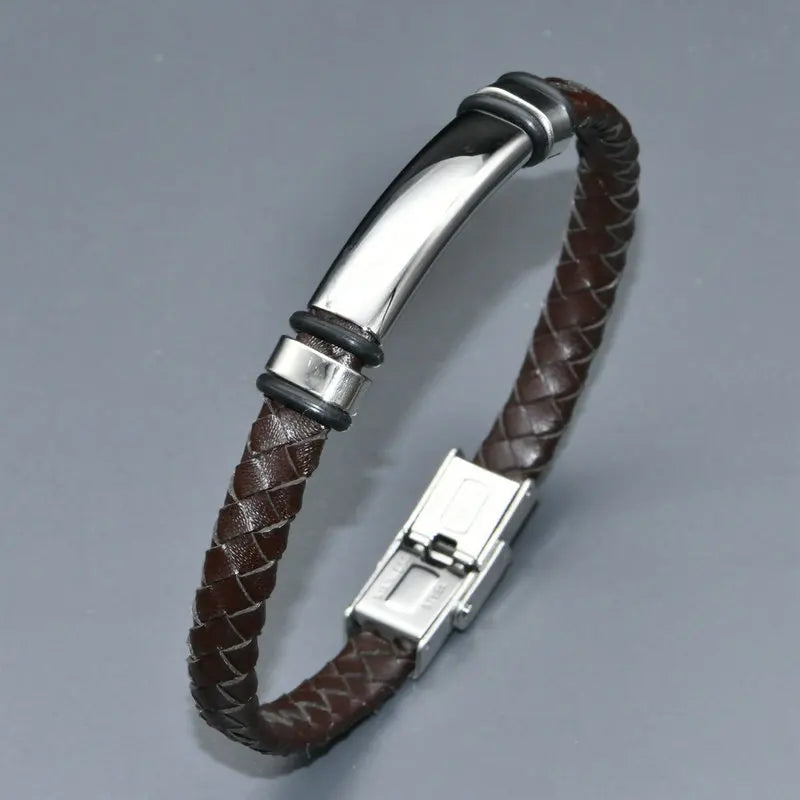Hot Sale Braid Brown Genuine Leather Stainless Steel Tube Cuff Bangle Luxury Men's Bracelet for Business Gift Jewelry