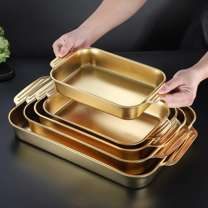 Gold Stainless Steel Thickened Grilled Fish Tray Home Restaurant Hotel Rectangular Barbecue Dessert Fruit Food Commercial Tray