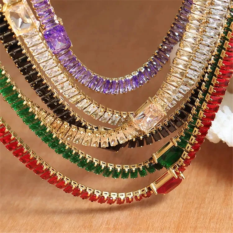 Luxury Stainless Steel Fashion Jewelry Baguette Cz Diamond Square Cluster Iced Out Gold Tennis Chain Crystal Chokers Necklaces