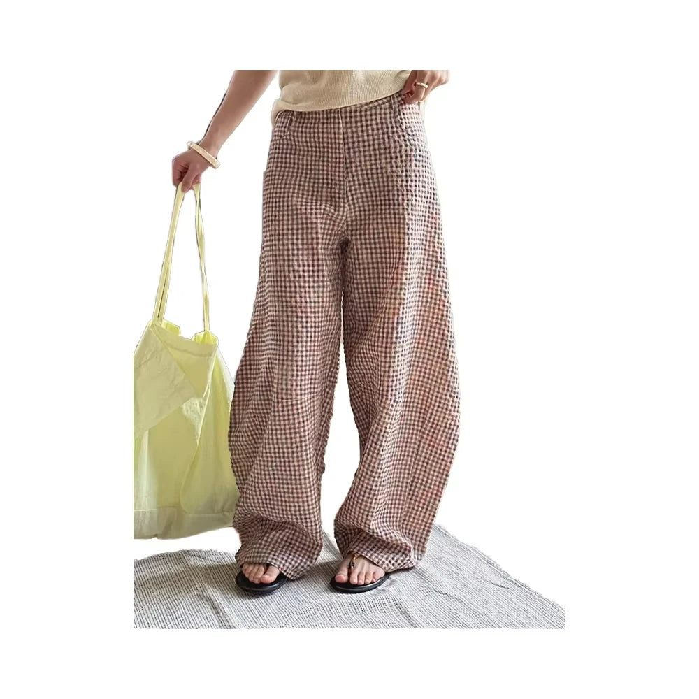 Women's Summer Lightweight Linen Pants Japanese Style Plaid Loose Arc Wide Leg Low Mid Zipper Fly Breathable Polyester Elastic