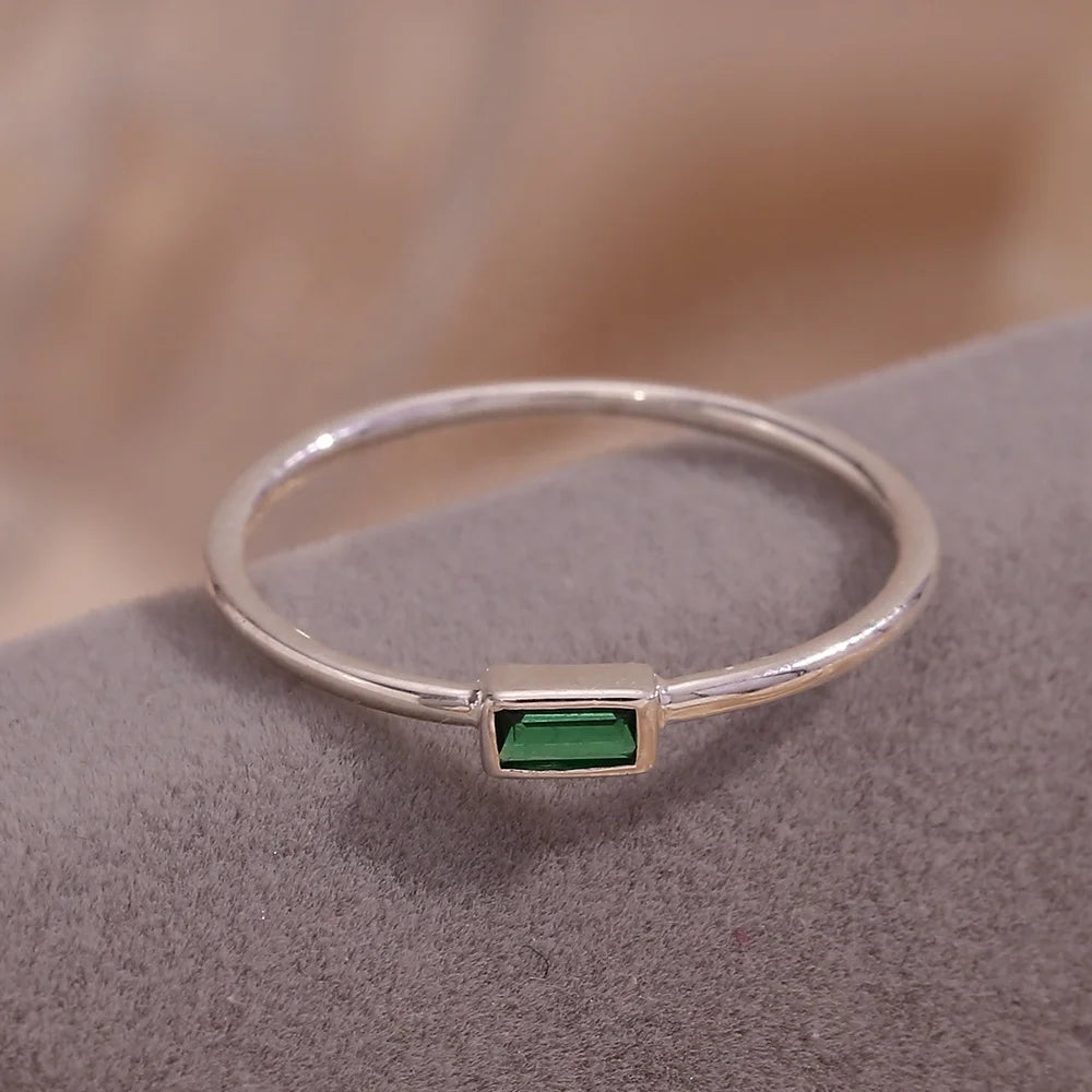 Minimalist Square Green Zircon 925 Sterling Silver Rhodium Plated Rings Women Jewelry