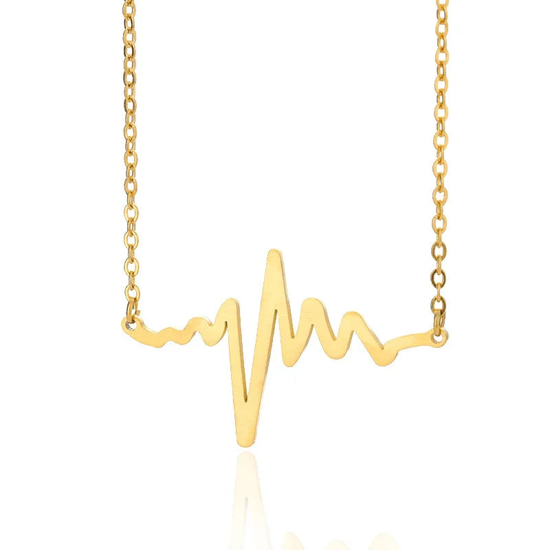 Classic Trendy Stainless Steel Jewelry 18K Gold Plated Cardiogram Heart Beat Pendant Oval Chain Necklaces High Polish Necklace