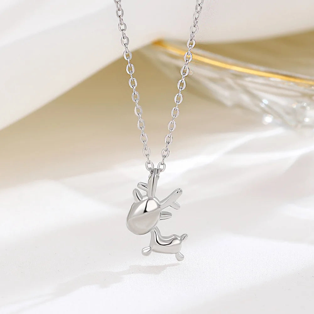 Trendy Rhodium Plated 925 Sterling Silver Mini Deer Pendant Women's Necklace for Wedding Engagement Party