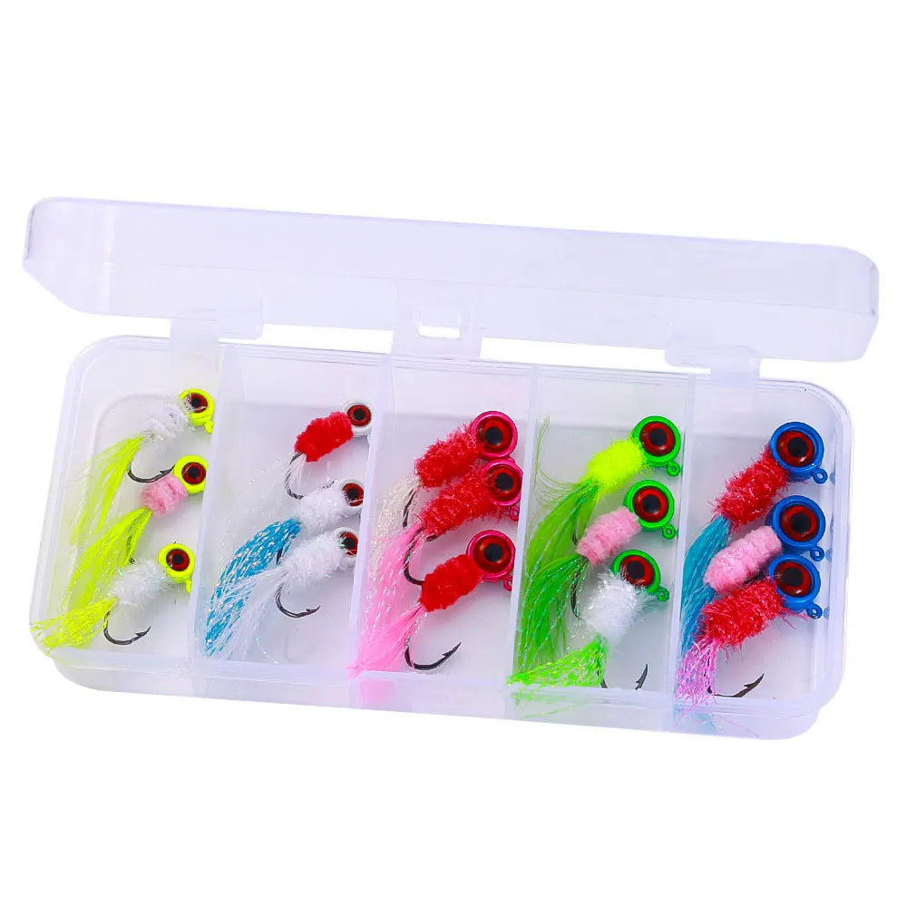 Wholesale Box030 Combo 0.8g 1.8g 1.9g 3.6g 15pcs/box Big Eye Feathered Lead Jig Head Fly Hooks Combo Kit Set