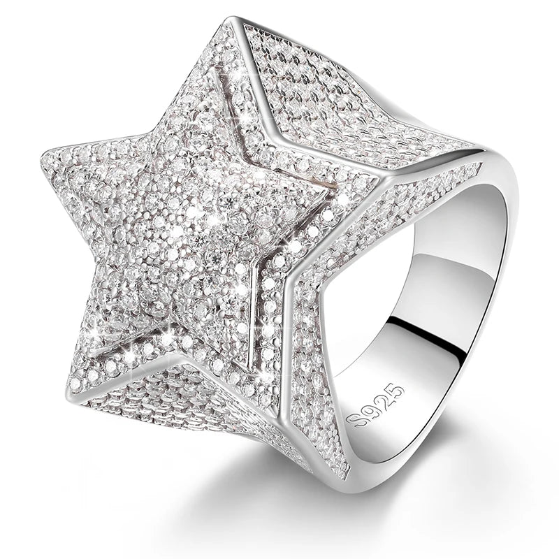 Dropshipping Fine Hip Hop Jewelry Iced Out 925 Sterling Silver Lab Grown VVS Moissanite Diamond 2 Layers Star Ring for Men Women