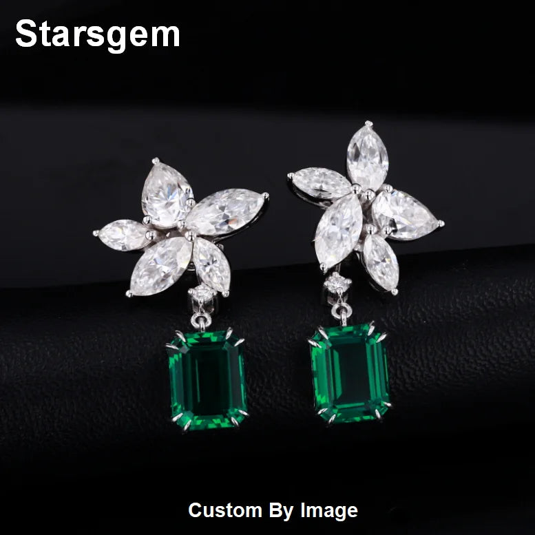 Starsgem Marquise Shape Moissanite Gemstone and Lab Grown Emerald Gemstone Stud Earrings Drop Bridal Earrings