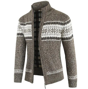 New Zipper Knit Cardigan Men's Coat Fashion Casual Long Sleeve Stand Collar Jacquard Sweaters