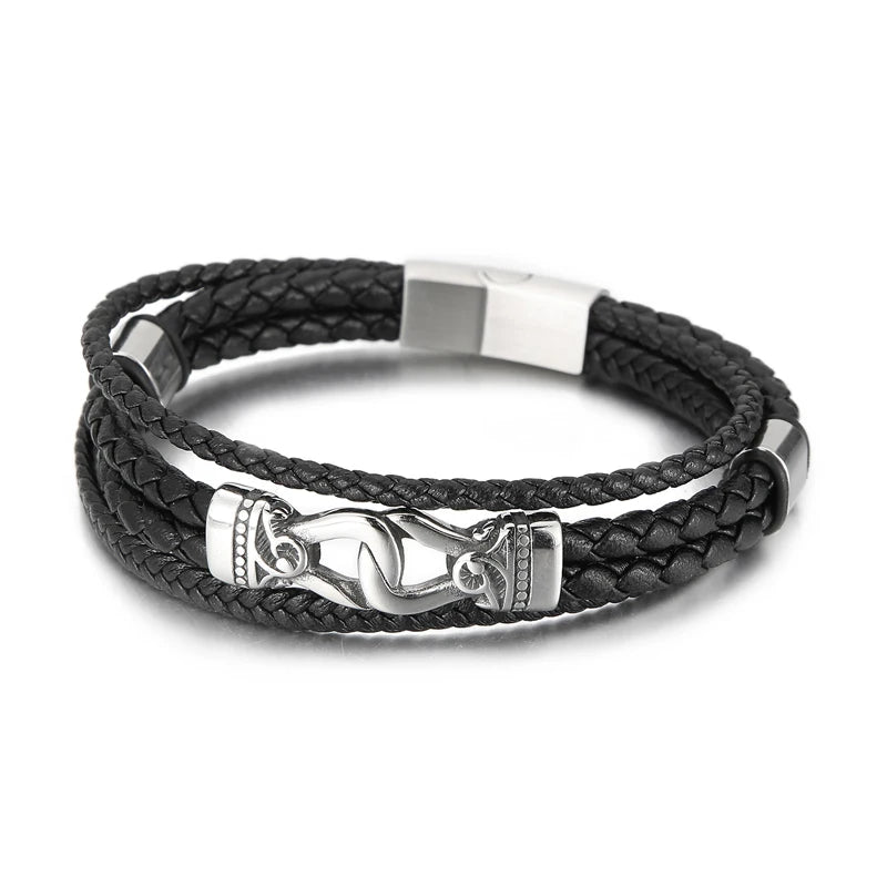 KALEN Mens Stainless Steel Vintage Charm Leather Strand Bracelets Bangles