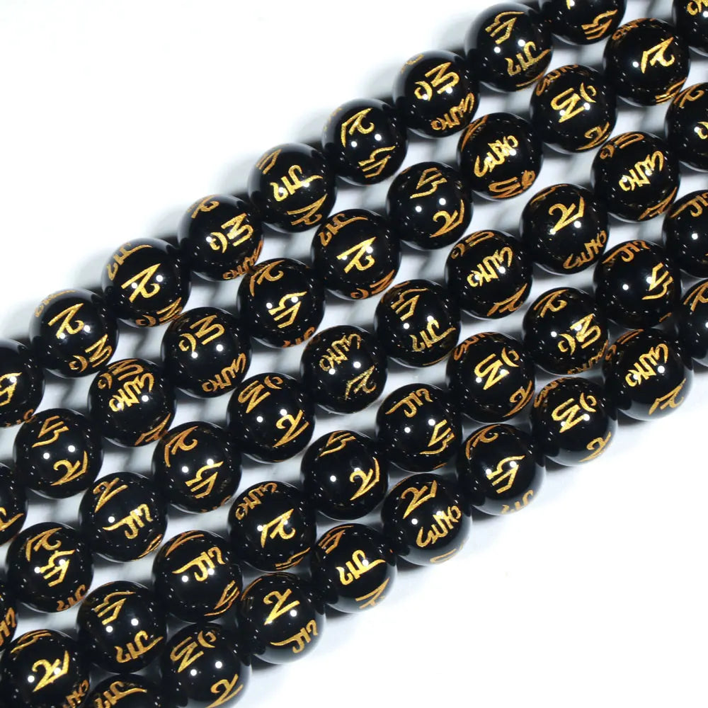 Natural Carving Six-word Mantra Black Agate Round Beads Agate Carved Loose Beads Black Agate Bronzed Word Beads for Jewelry DIY