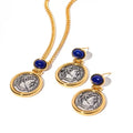 2023 Fashion Jewelry Vintage Gold Plated Brass Ancient Silver Oval Lapis Stone Round Greek Coin Signet Stud Earring Set