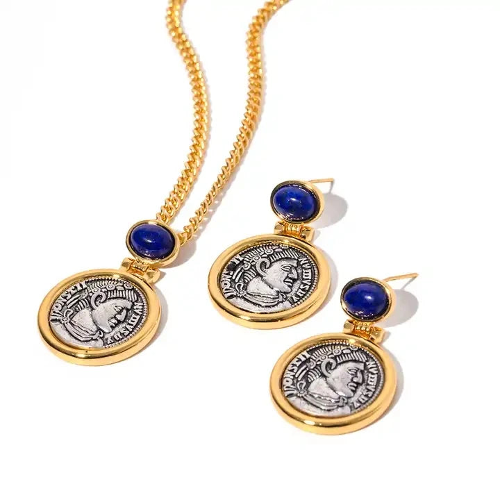 2023 Fashion Jewelry Vintage Gold Plated Brass Ancient Silver Oval Lapis Stone Round Greek Coin Signet Stud Earring Set