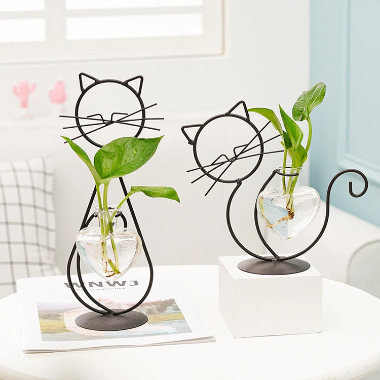 High Quality Cute Cat Shape Simple Flower Art Hydroponic With Metal Frame Home Decor Plant Glass Vase