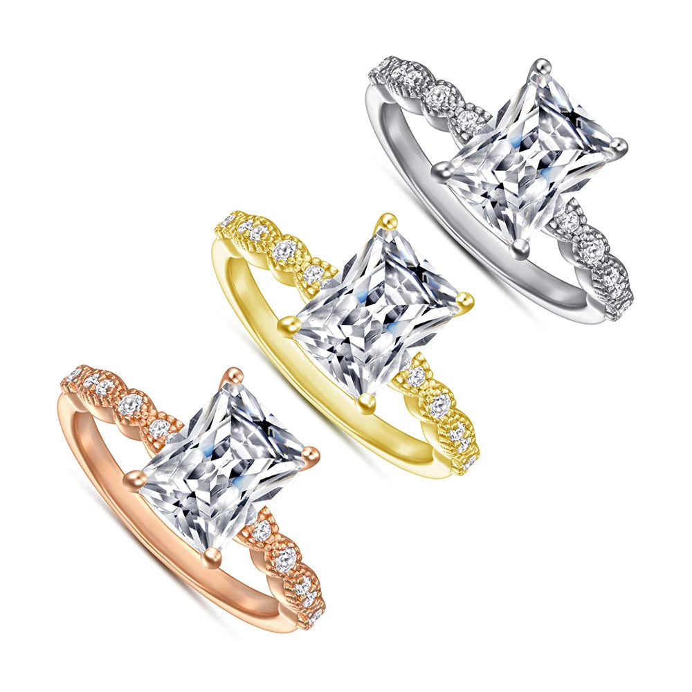 Princess Cut Diamond Cubic Zirconia Four Claw Promise Ring in Silver Rose Gold Plated