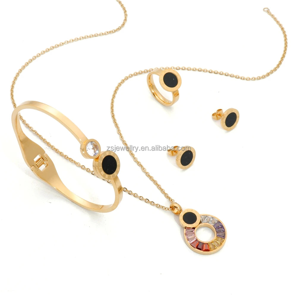 Women's Gold Plated Stainless Steel Jewelry Set Dubai Necklace Bangle with Colorful Shell Zircon Stone for Wedding and Party