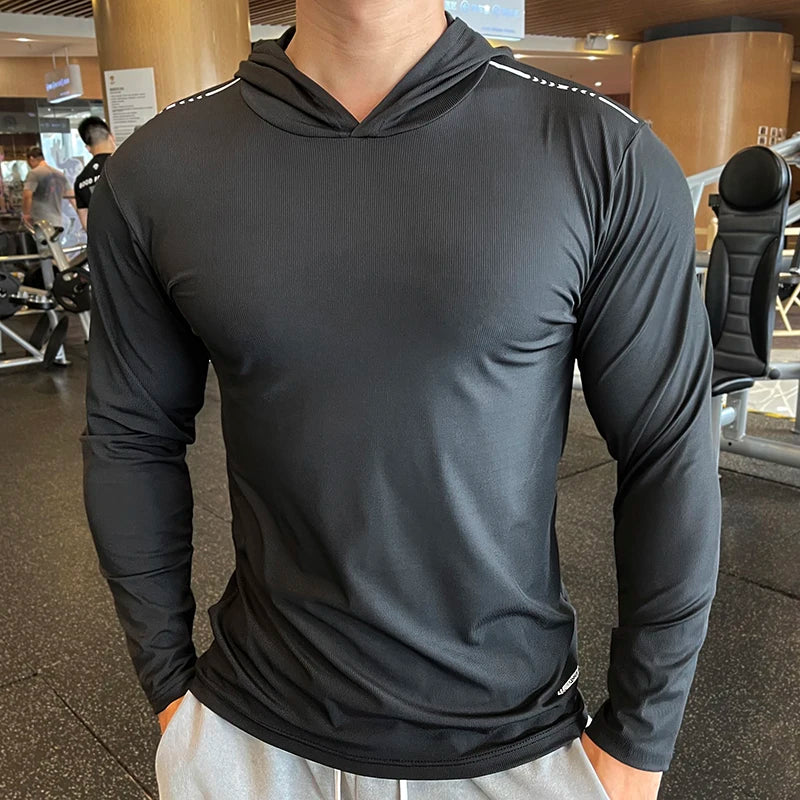 Men's T-shirts Long Sleeve Hooded Sport Running Training Wear Fit Tight Fitness Athletic Activewear Workout Gym Tee