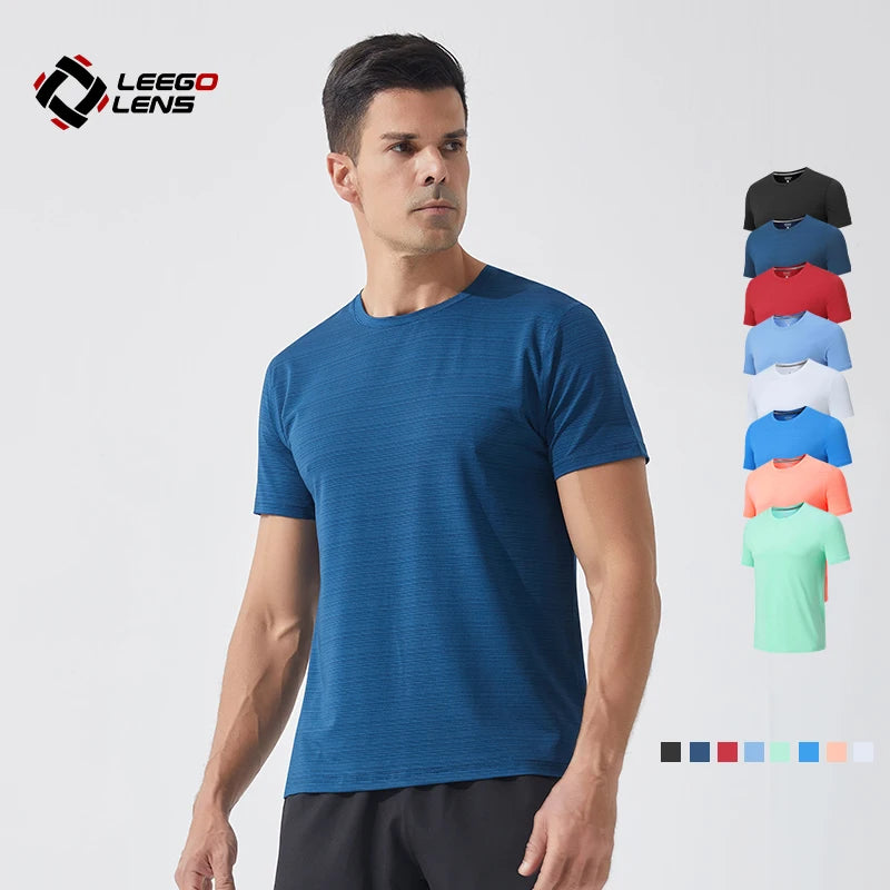 Men's Lightweight Quick-Dry Breathable Striped-Knit Sports T-Shirt Multi-Color Crewneck Gym Training Top Solid Pattern Blank