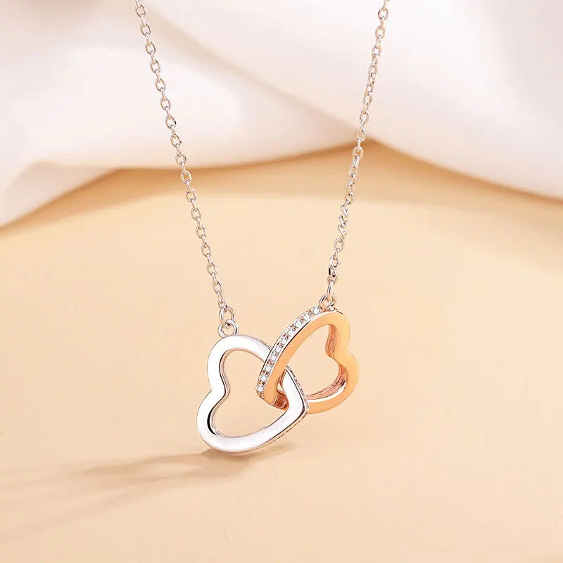 Heart Necklace S925  Diamond Pendant Necklace S925 Sterling Silver Double Heart Interlocking Necklace for Mother's Day Gift