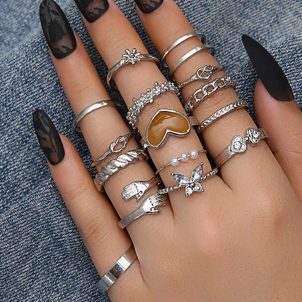 15 Pcs/set Jewelry Knuckle Ring Gold Plated Love Dripping Oil Ring Set Hugging Butterfly Knotted Pearl Open Knuckle Ring