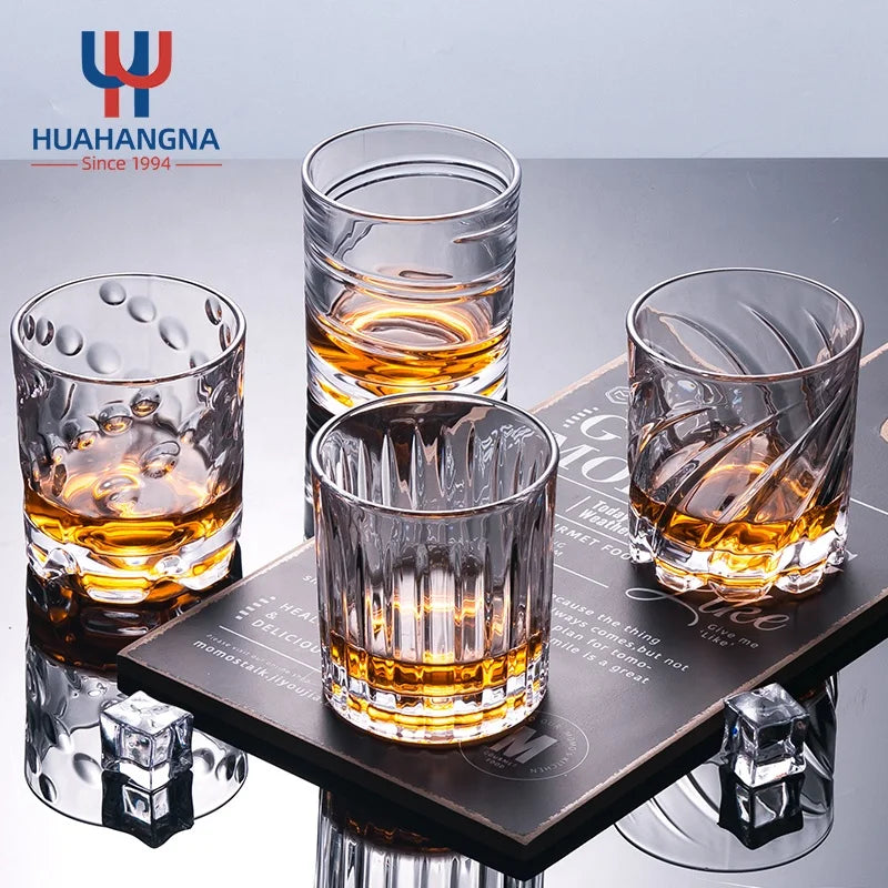 Wholesale 280ml Crystal Clear Old Fashioned Scotch Bourbon Whiskey Tumbler Unique Thick Base Rotating Rock Glass Cup Transparent