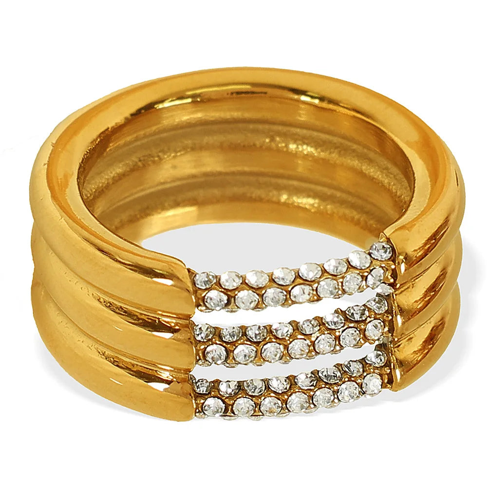 High End Women's 18K PVD Gold Plated Multilayer Stainless Steel Ring Waterproof Zirconia Band Trendy Fashion Jewelry Rings Gift