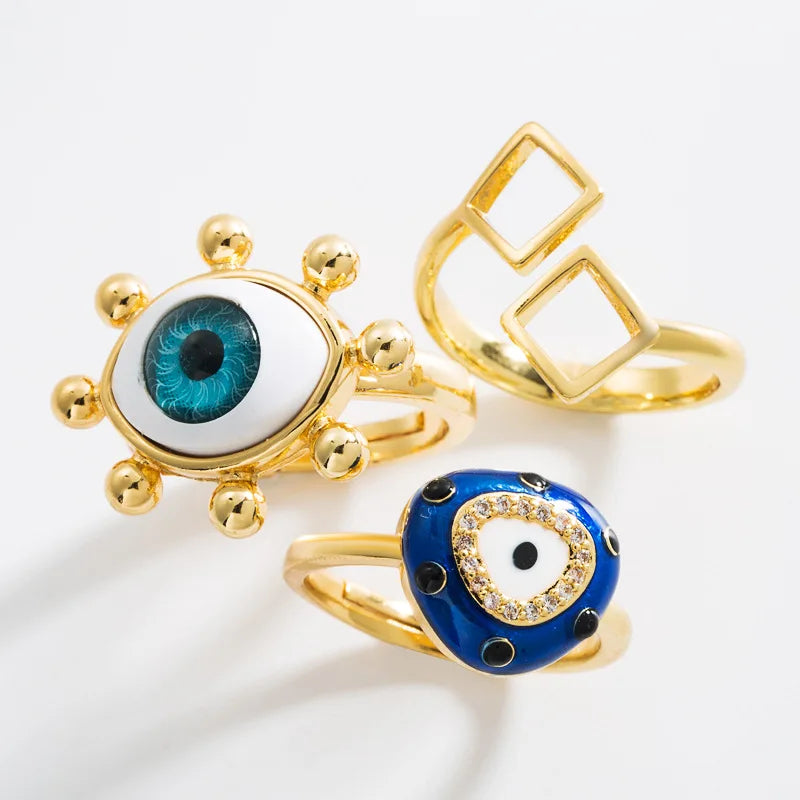 Top Fashion Exaggerated Adjustable Gold Plated Heart Eyes Rings Dripping Oil Diamond Eyes Open Women Rings for Girl Gifts