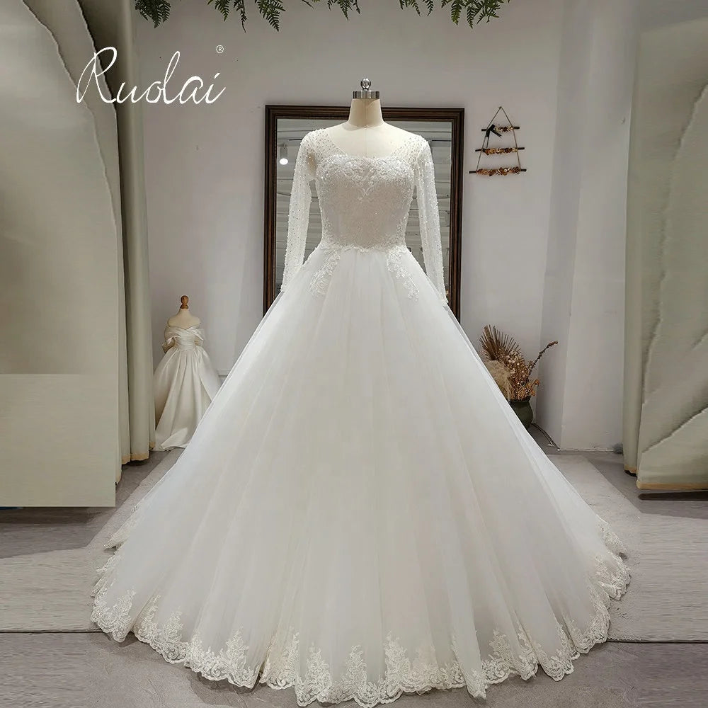 Ruolai ZW00228 Illusion Long Sleeves Beaded Bridal Dress  Lace Appliqued Crystal Pearls Wedding Dress