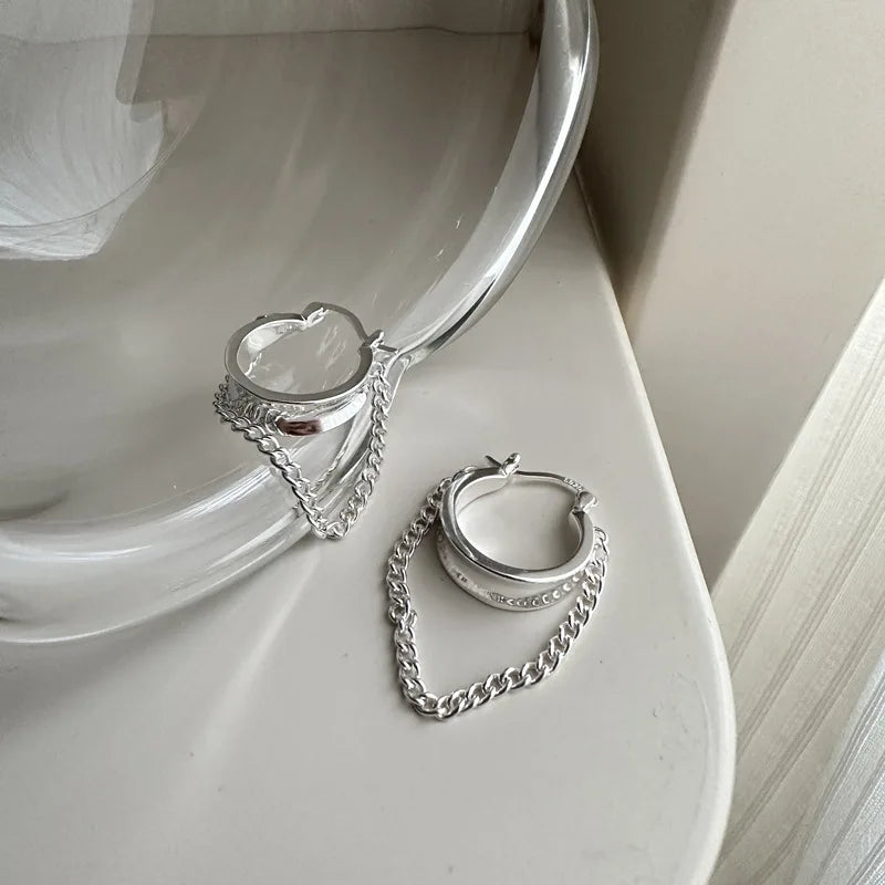 Short Tassel Chain Round Hoop Earrings for Women 925 Sterling Silver Jewelry