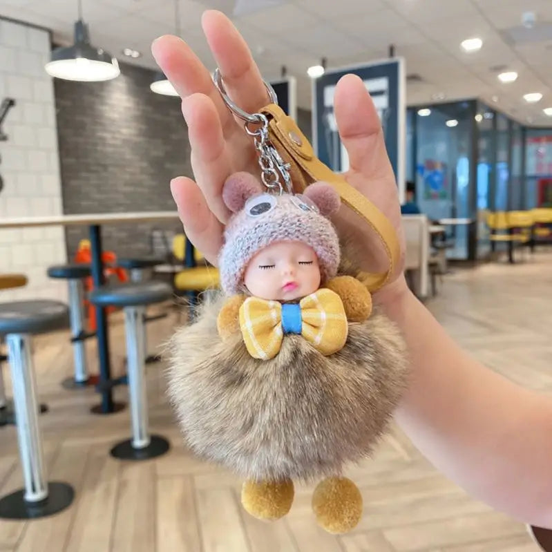 Fashion Sweet Cute Kawaii Baby Doll Toy Drop Ship Sleeping Baby Doll Keychain for Women Pompom Plush Sleeping Baby Doll Keychain