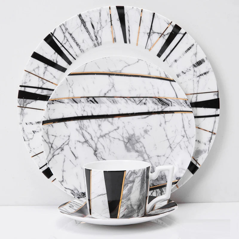 Fine Bone China Marble Design Dinner Set Ceramic Dinnerware Porcelain Plates for Home and Wedding