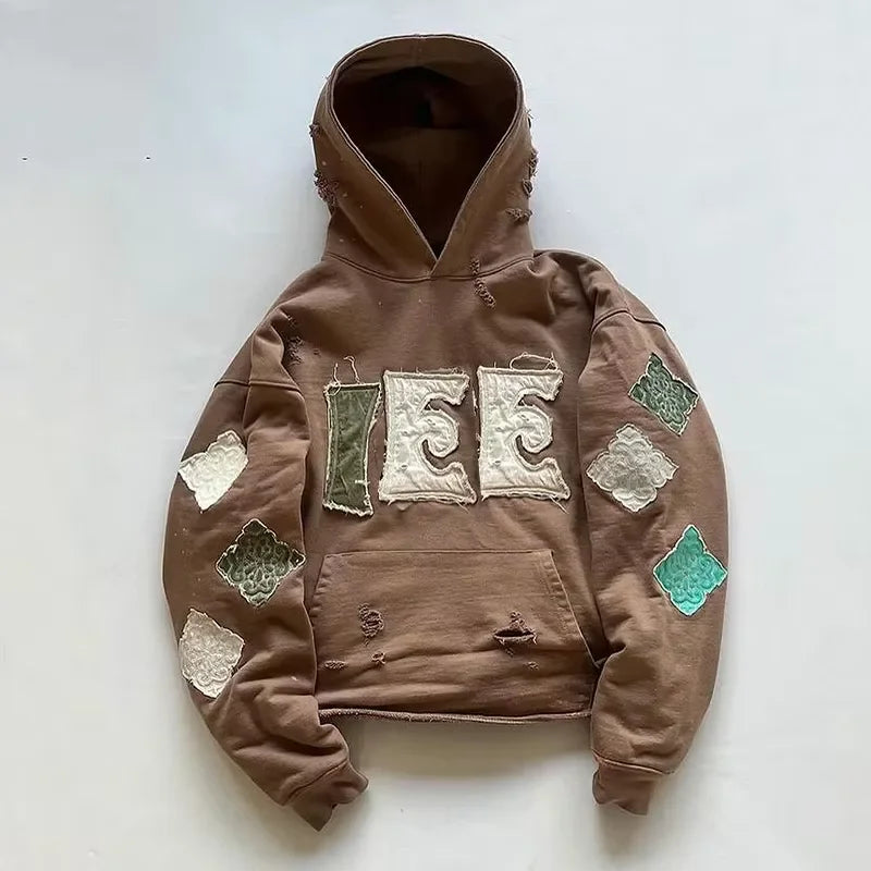 US Free Tax Wholesale Vintage Stone Wash Heavyweight Cropped Hoodie Raw Cut Distressed Embroidery Appliques Hoodie for Men