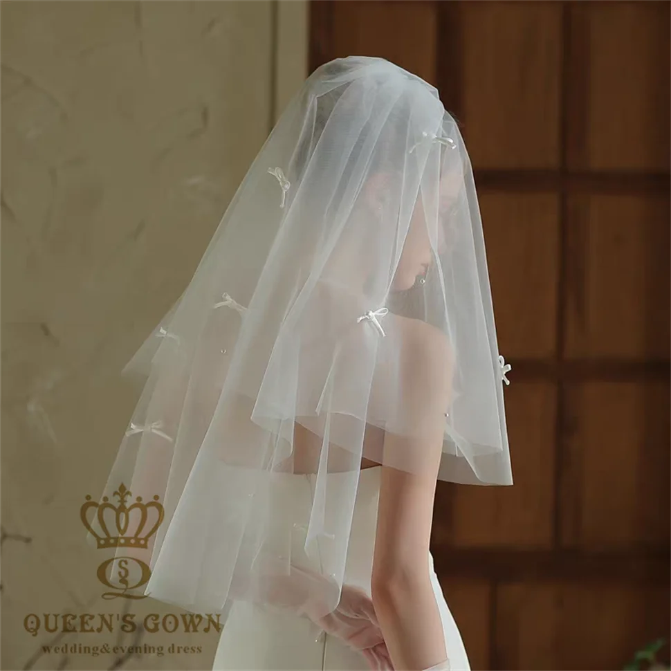 QUEENSGOWN Delicate Soft Mesh Fabric Wedding Veil With Lovely Bow and Elegant Pearls Wedding Dress Accessories