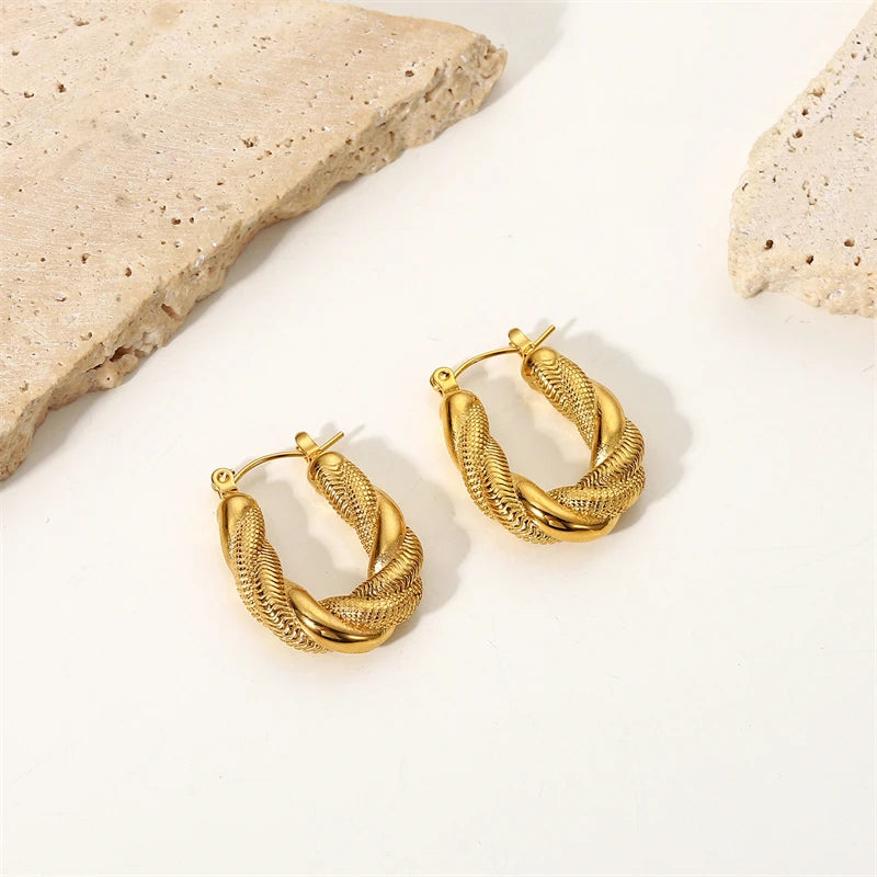 Vintage Punk 18K Gold Plated Stainless Steel Jewelry Double Twist Earrings Oval Rope Hoop Earrings U Shape Earrings for Women