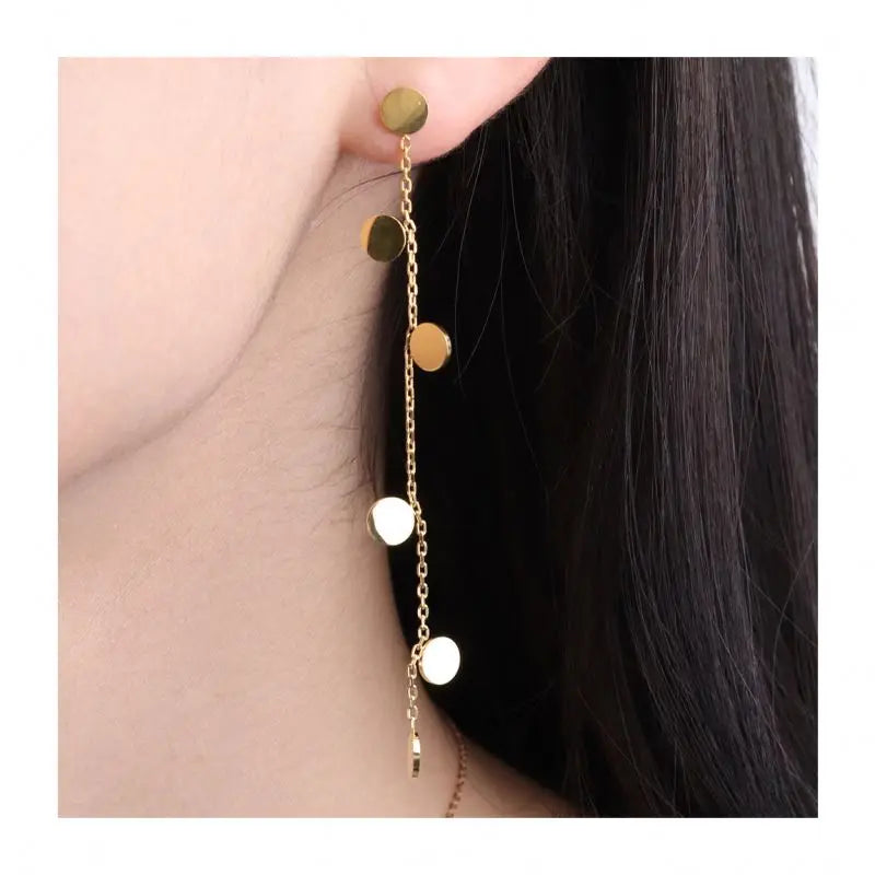 Chris April 316L Stainless Steel Pvd Gold Plated Round Flakes Long Tassel Drop Earrings