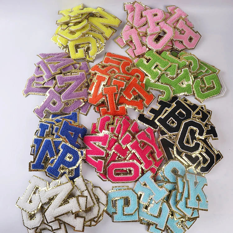 In Stock Multi Color 8cm DIY Iron on PVC Embroidered Chenille Letters Patches Glitter Alphabet for Clothing and Hat