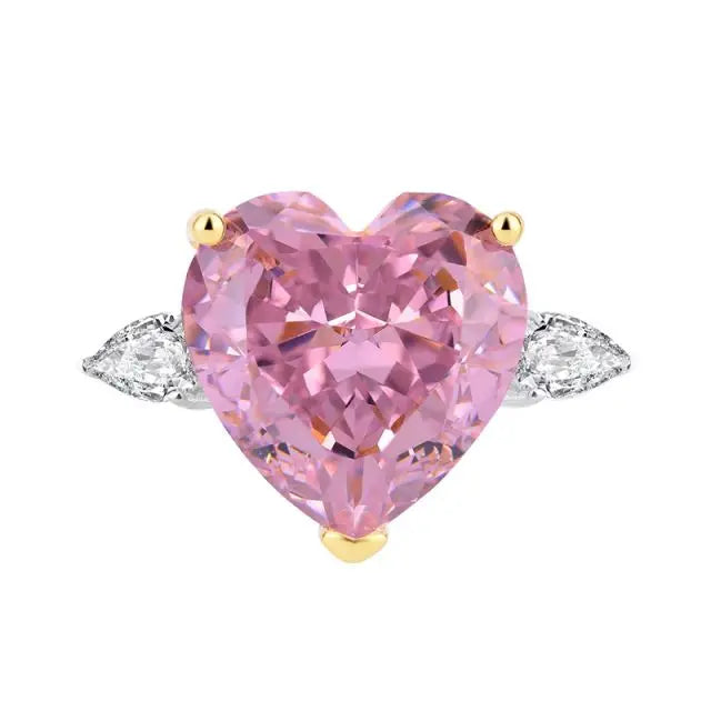 925 Sterling Silver Heart-Shaped Pink Gemstone Ring Three-Stone Shiny Heart CZ Cubic Zirconia CZ Ring for Women