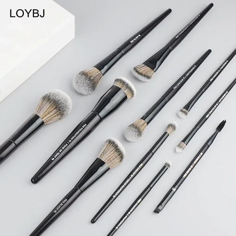 LOYBJ Professional Pro Series All Black Wood Handle Synthetic Hair Face Makeup Brush Set Foundation Powder Blush Contour Eyebrow