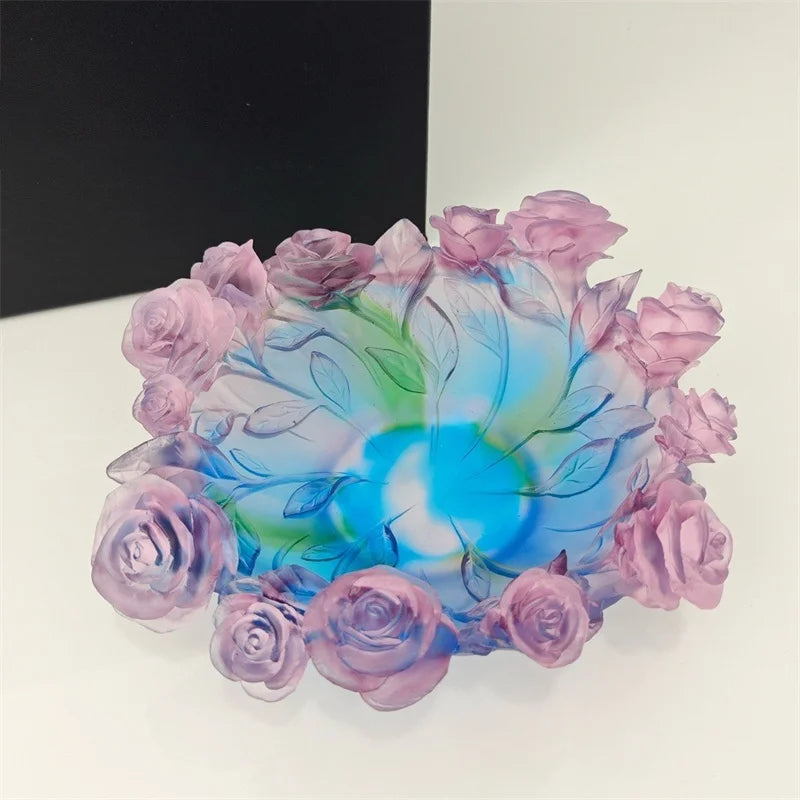Luxury Colored Glass European Style 3-Piece Fruit Plate Rose Flower Bowl Crystal Tray Dinnerware Sets
