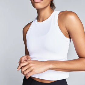 New Design Athletic Custom Logo Round Neck Slim Fit Solid Color Rib Sleeveless Gym Running Women Tank Top