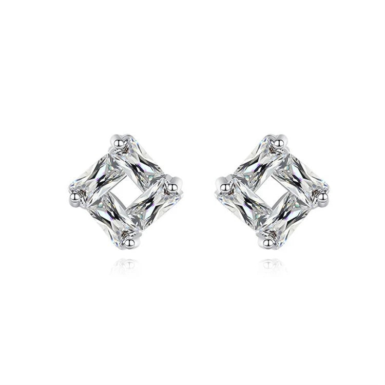 Women dainty 925 sterling silver square shape baguette CZ diamond stud earrings