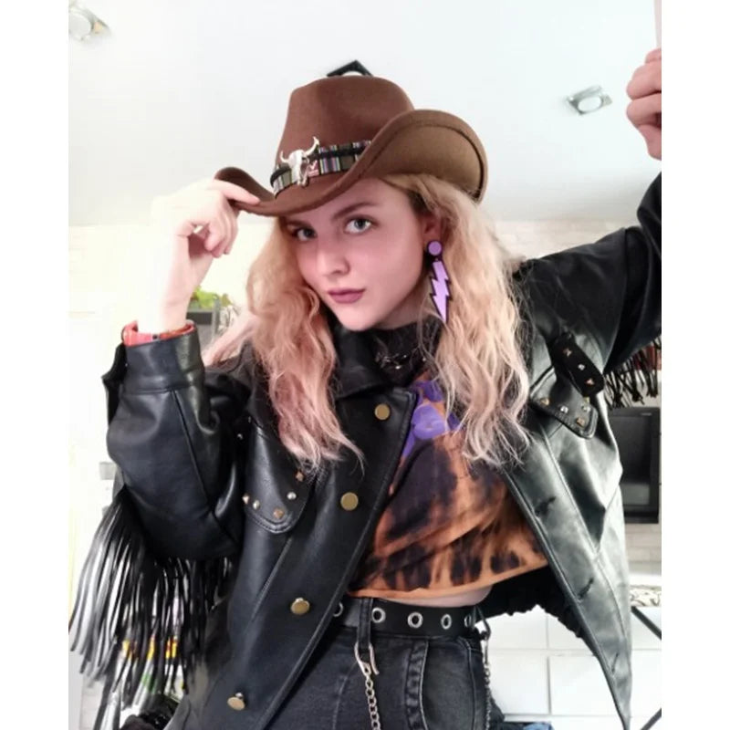 Cowboy Fedora With Belt Head Accessories Cowboy Cap Monochrome Felt Hat Men Women Big Brim Outdoor Hat Knight Hat