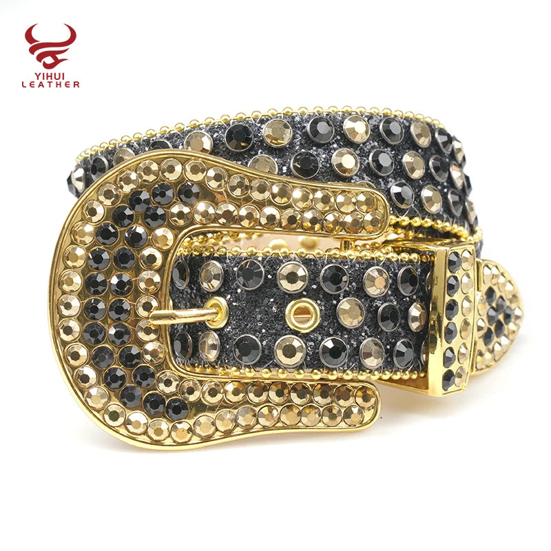 Sparkle Western Cowboy Leather Diamond Belt Men studded crocodile PU Golden Rhinestone Designer Belt Bb Simon