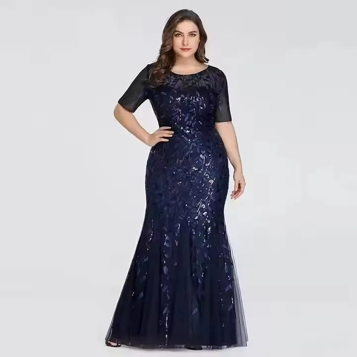 Women Elegant Party Prom Gowns Short Sleeve Beaded Leaves Pattern Formal 2025 Plus Size Sequin Mesh Mermaid Slim Evening Dress