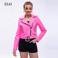 Wholesale Faux Leather Jacket for Women Slim Belted Zip up Short Pink Cropped PU Leather Jacket and Coat