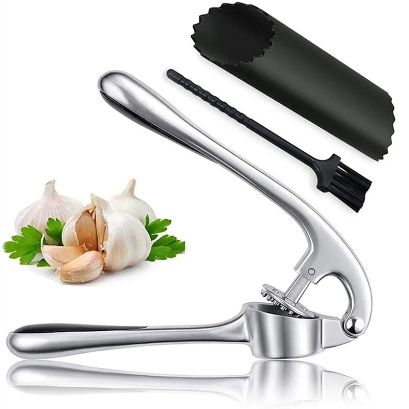 Kitchen Premium Garlic Press Set Rust Proof  Dishwasher Safe Professional Garlic Mincer Tool  Easy Squeeze Garlic Peeler