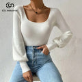 Custom White Wool Knitwear Female Casual Autumn Pullover Soft Square Collar Lantern Sleeve Sweater with Front Logo