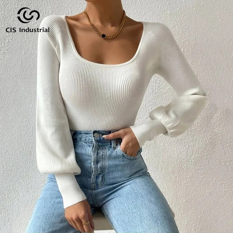 Custom White Wool Knitwear Female Casual Autumn Pullover Soft Square Collar Lantern Sleeve Sweater with Front Logo