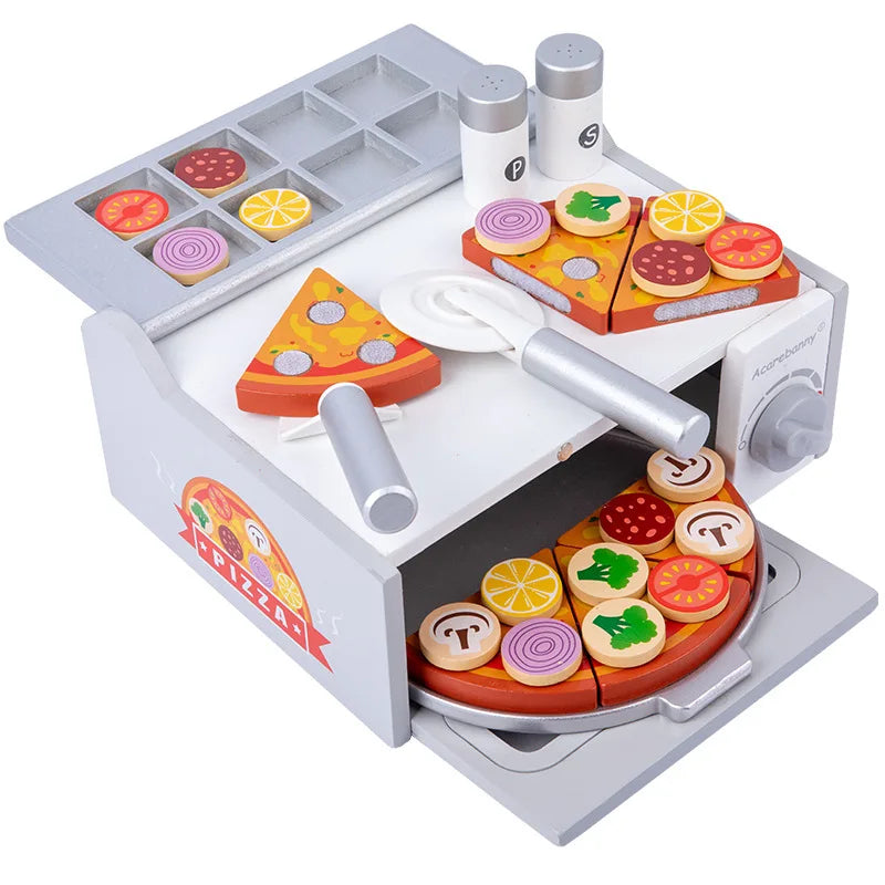 Microwave Oven Tableware Toddlers Simulation Game Toaster Shaped Pizza Making Set Toy Funny Wooden Pizza Toy