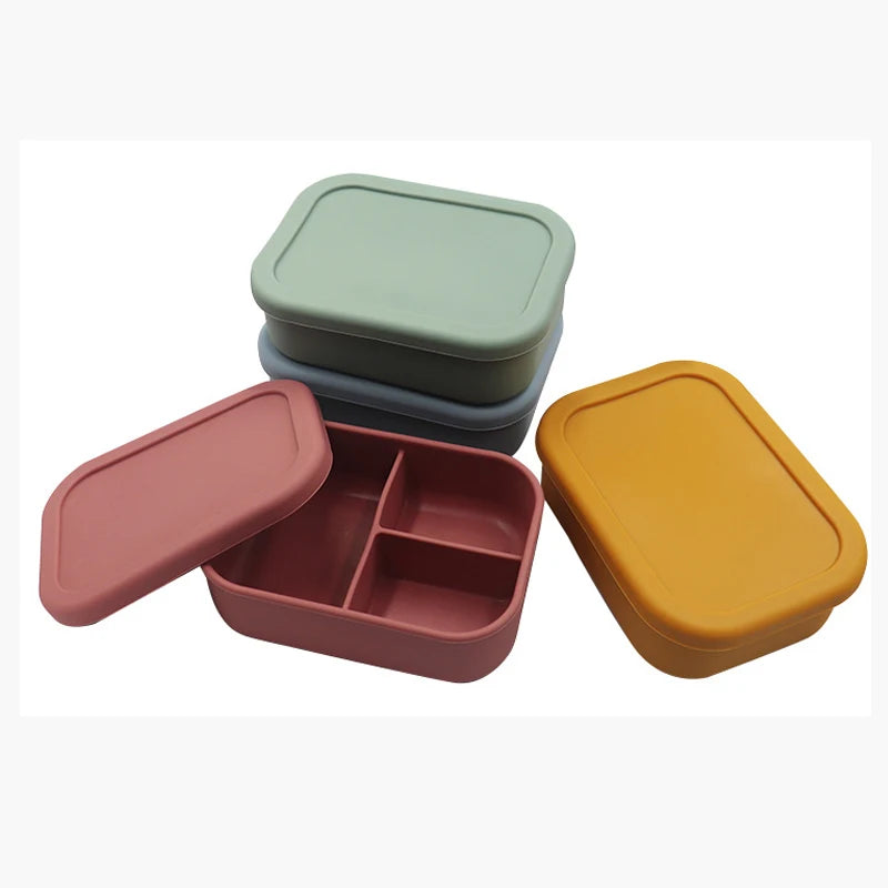 3 Compartment Heatable Leakproof Portable Children Adult Lunch Box Food Storage Silicone Bento Lunchbox with Lid