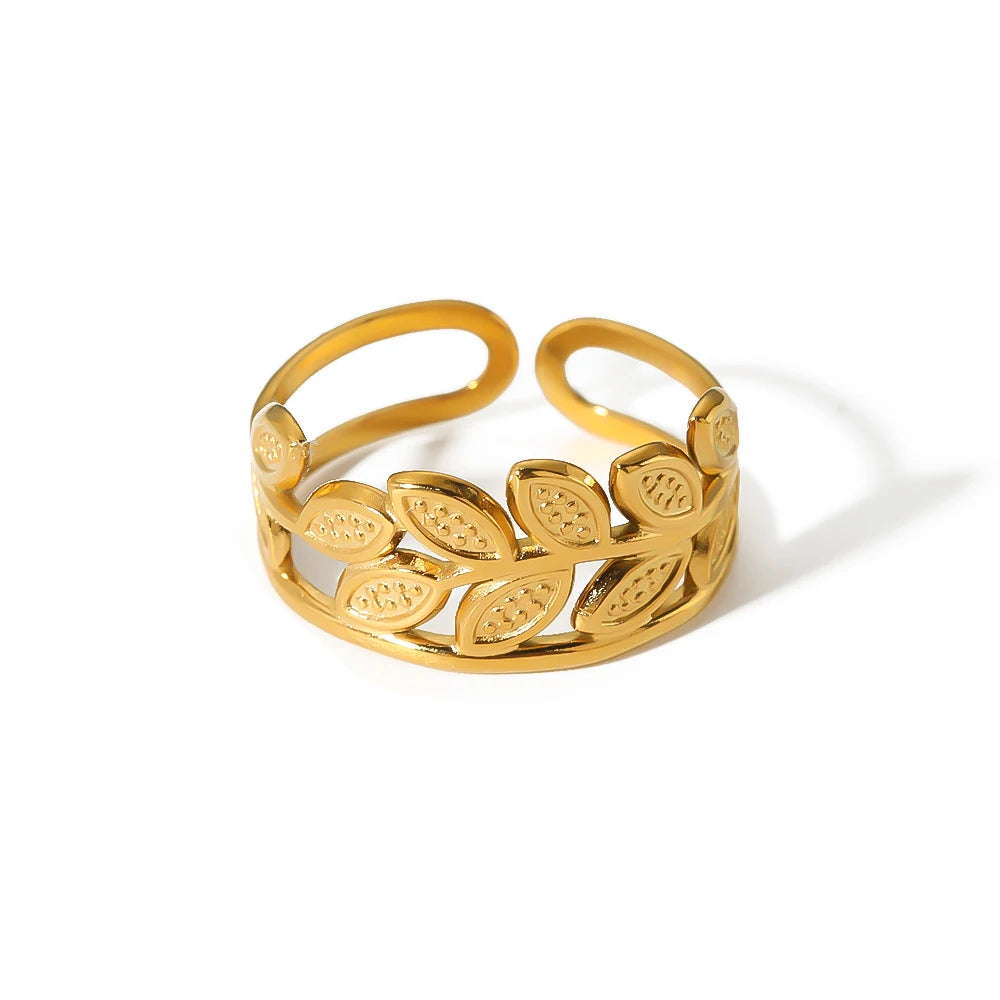 Popular Stainless Steel 18K Gold Plated Leaves Shape Band Rings Tarnish Free Leaf Open Rings for Girls